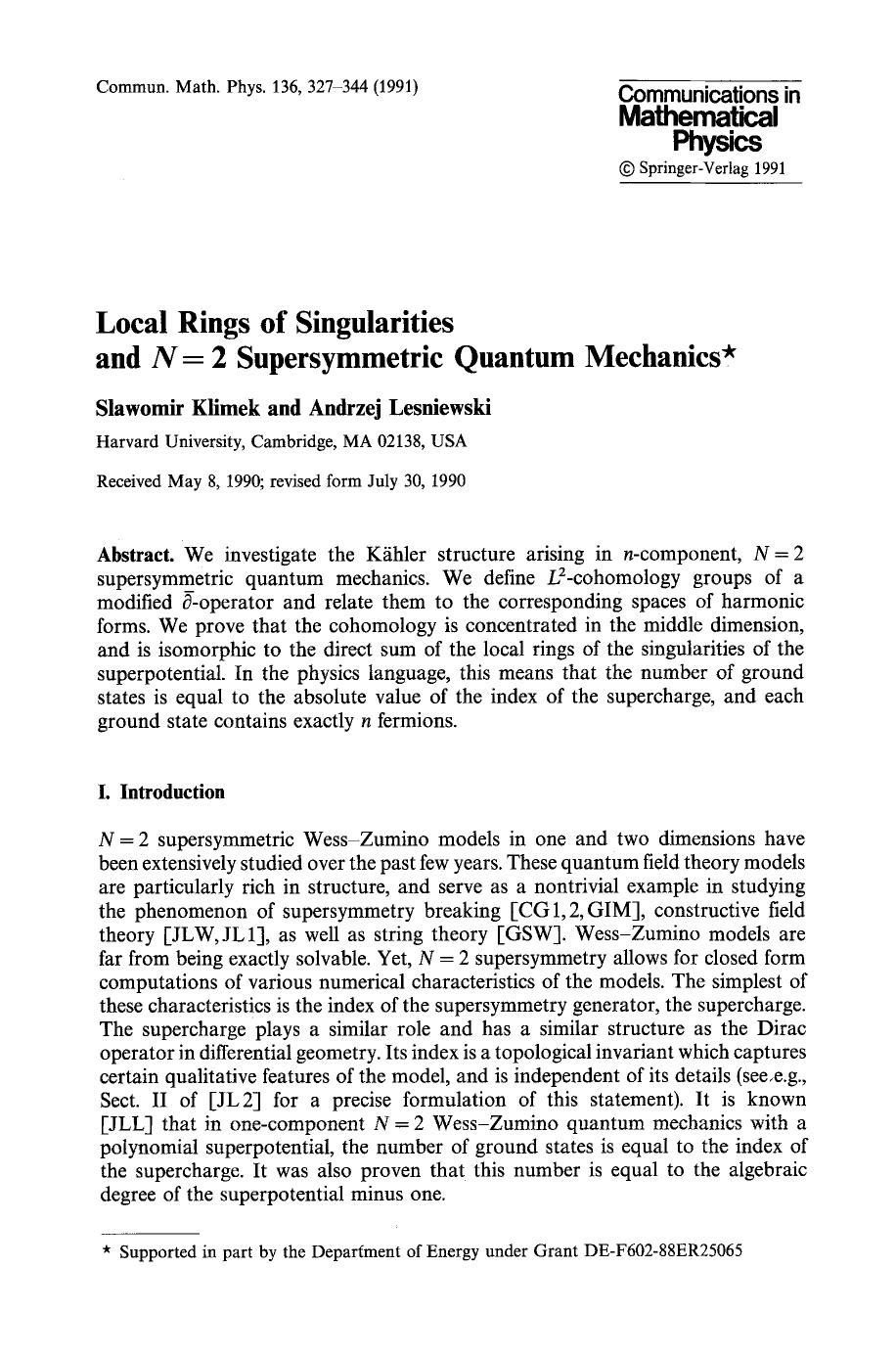 Local rings of singularities and <Emphasis Type="Italic">N <Emphasis>=2 supersymmetric quantum mechanics by Unknown