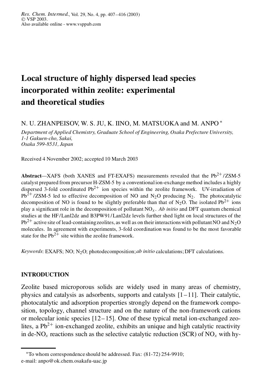 Local structure of highly dispersed lead species incorporated within zeolite: experimental and theoretical studies by Unknown