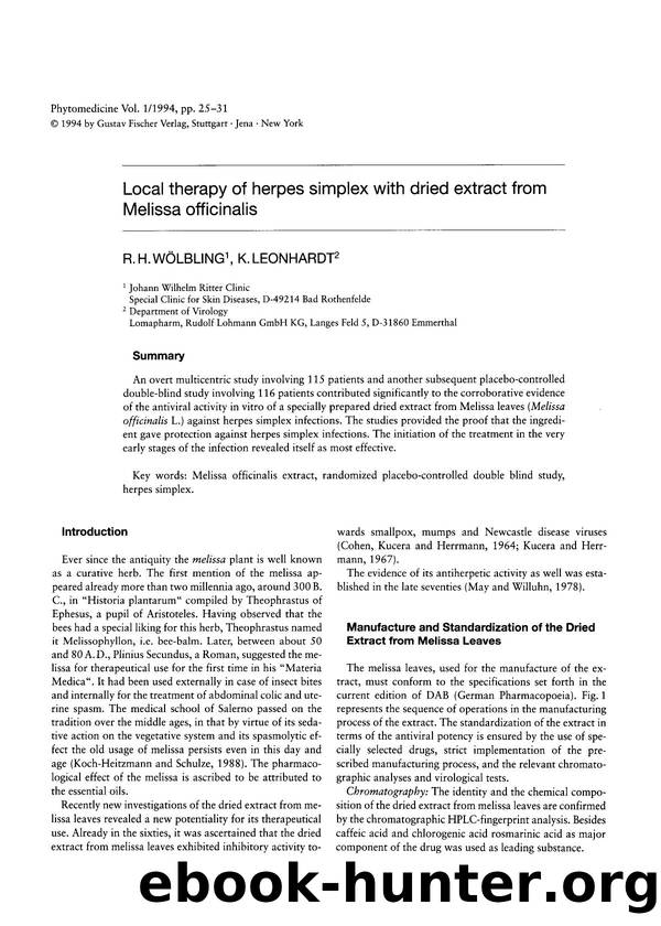 Local therapy of herpes simplex with dried extract from Melissa officinalis by R.H. Wölbling & K. Leonhardt