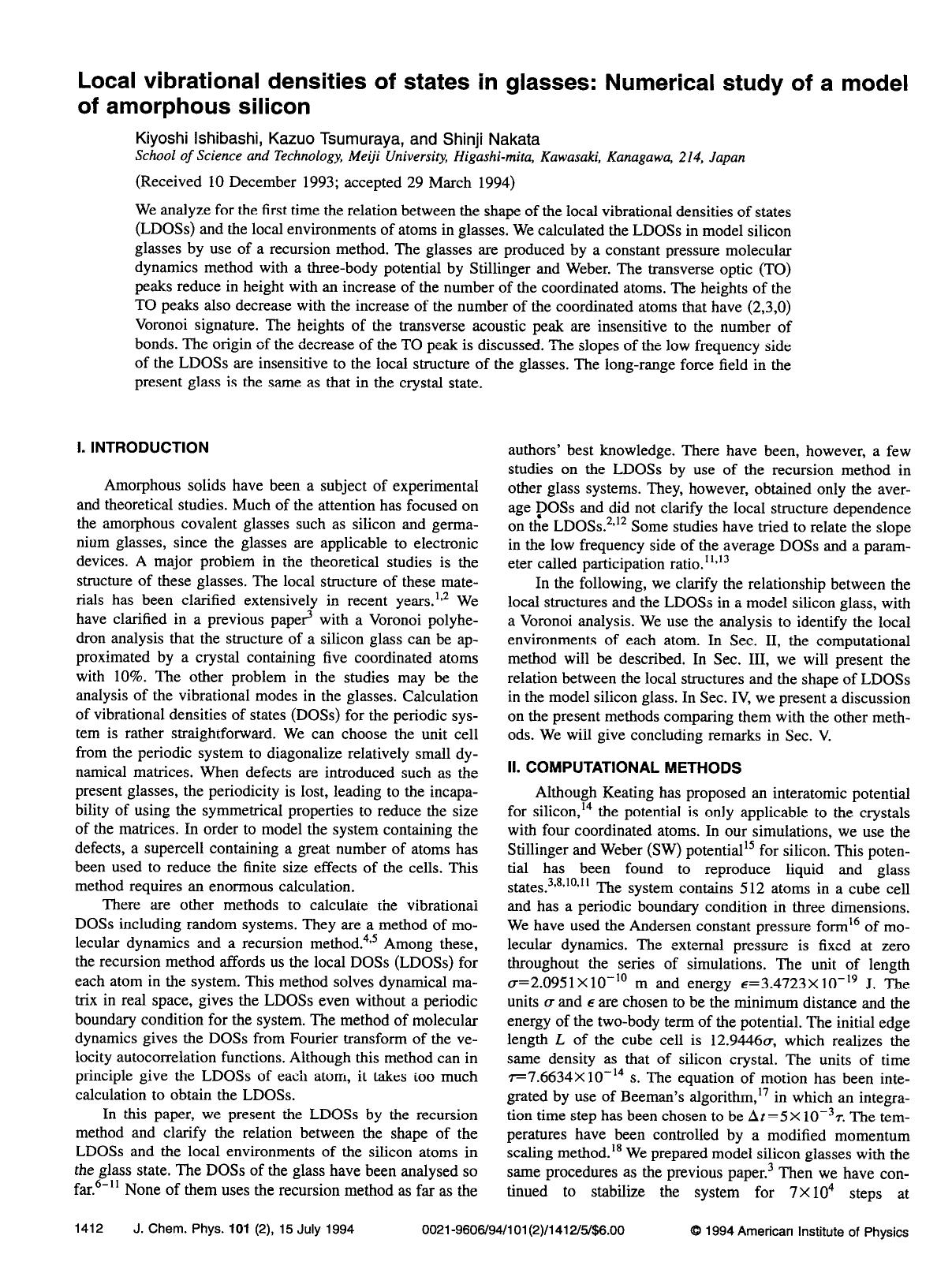 Local vibrational densities of states in glasses: Numerical study of a model of amorphous silicon by Kiyoshi Ishibashi; Kazuo Tsumuraya; Shinji Nakata
