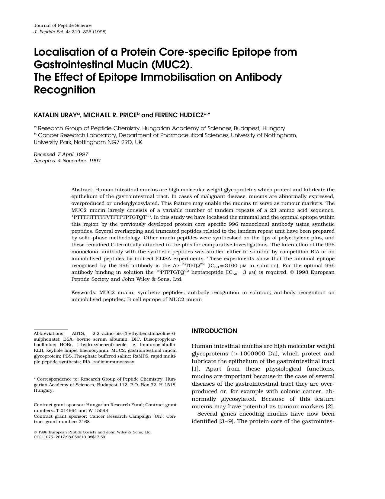 Localisation of a protein core-specific epitope from gastrointestinal mucin (MUC2). The effect of epitope immobilisation on antibody recognition by Unknown