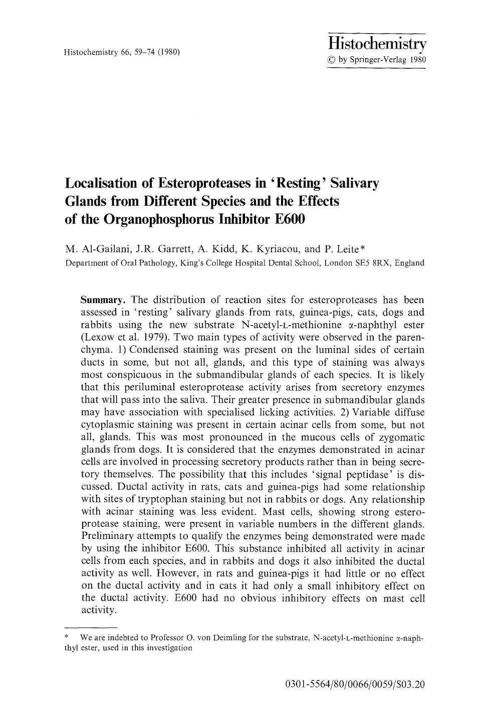 Localisation of esteroproteases in ‘resting’ salivary glands from different species and the effects of the organophosphorus inhibitor E600 by Unknown