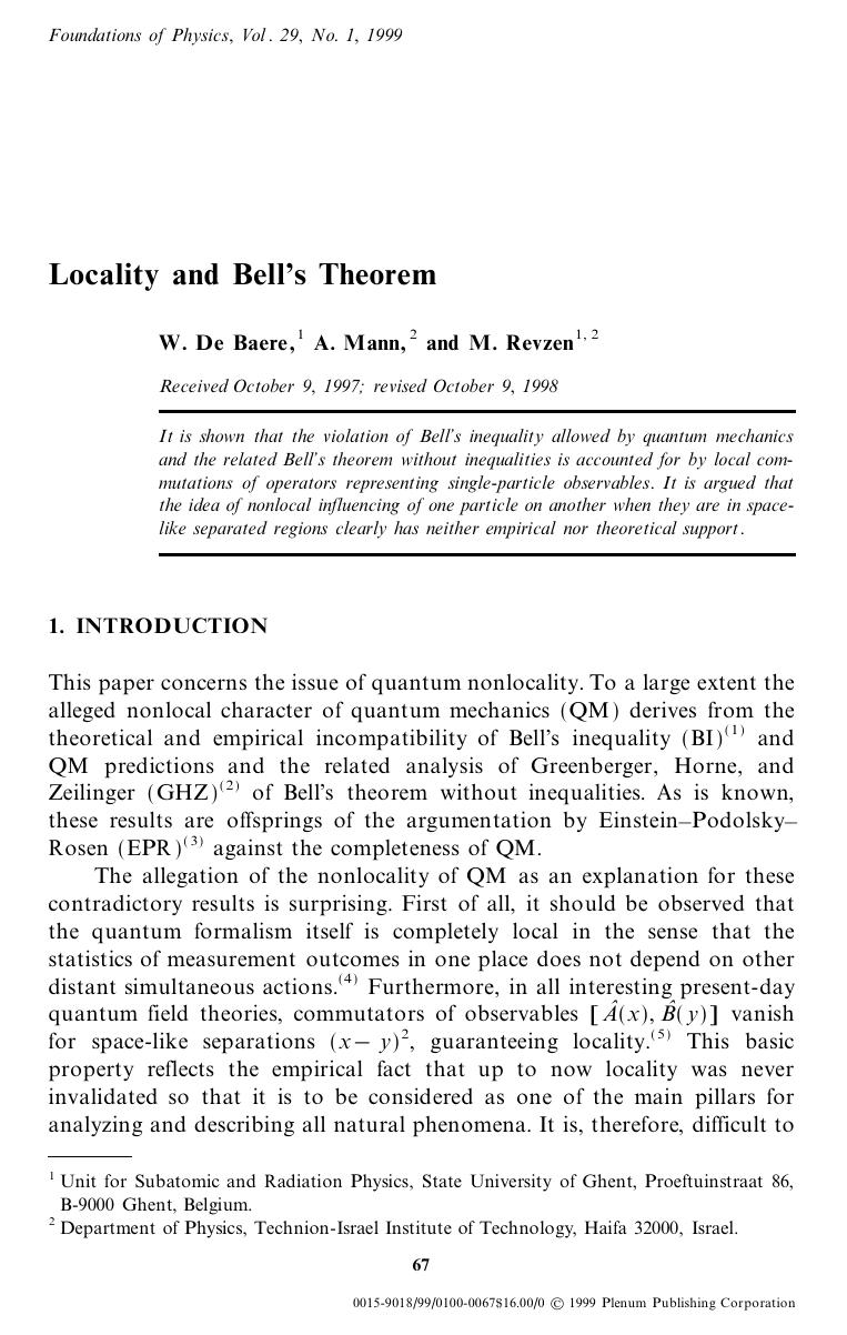 Locality and Bell's Theorem by Unknown