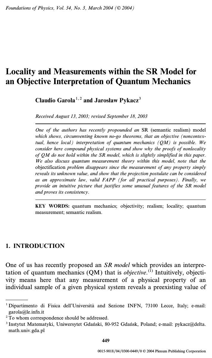 Locality and Measurements Within the SR Model for an Objective Interpretation of Quantum Mechanics by Unknown