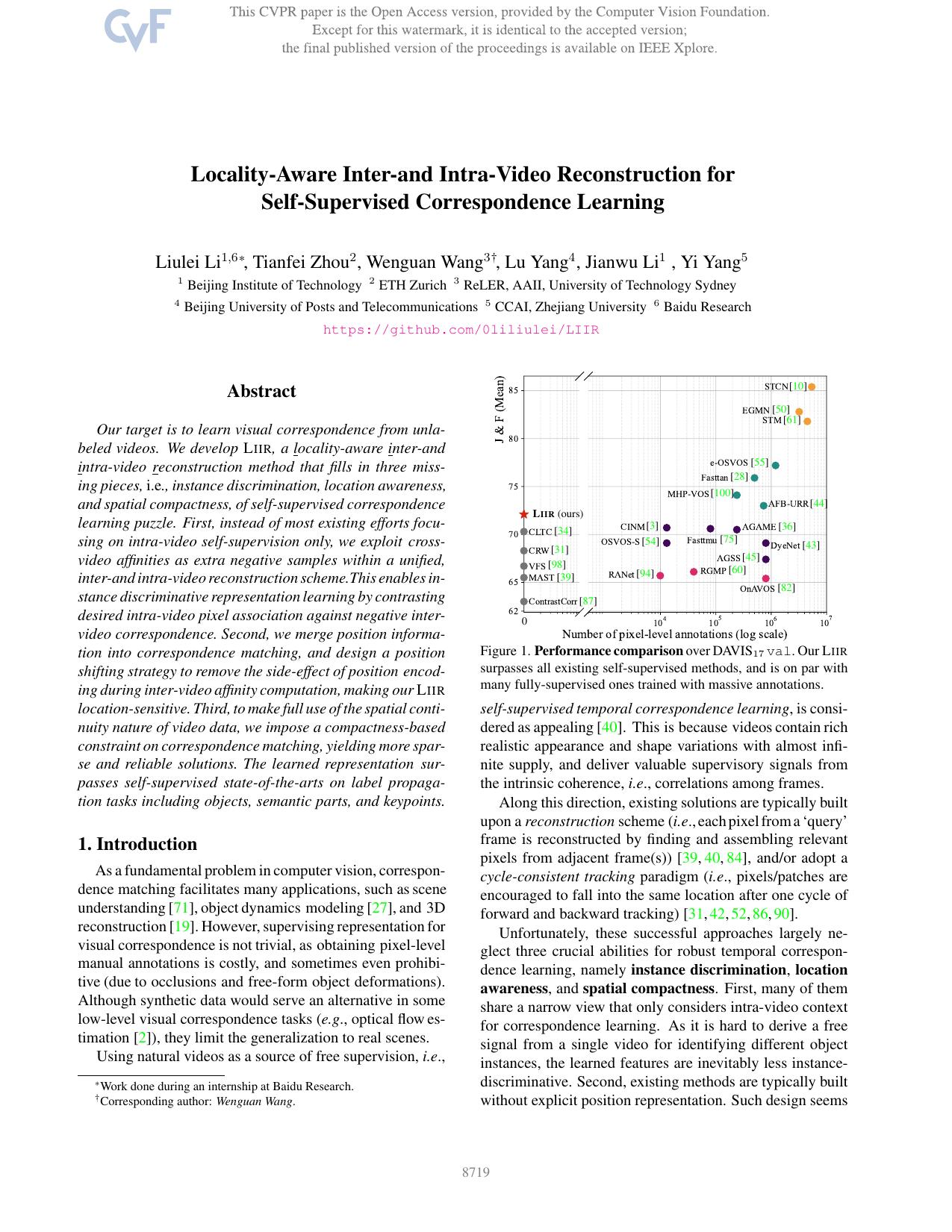 Locality-Aware Inter- and Intra-Video Reconstruction for Self-Supervised Correspondence Learning by Liulei Li & Tianfei Zhou & Wenguan Wang & Lu Yang & Jianwu Li & Yi Yang