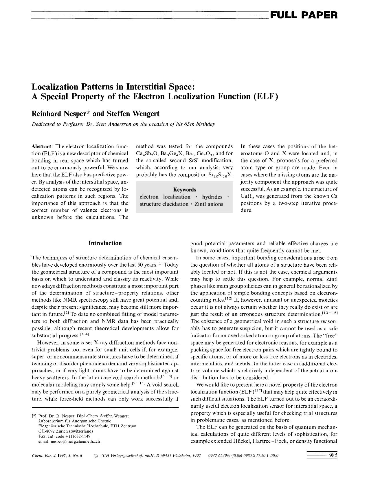 Localization Patterns in Interstitial Space: A Special Property of the Electron Localization Function (ELF) by Unknown