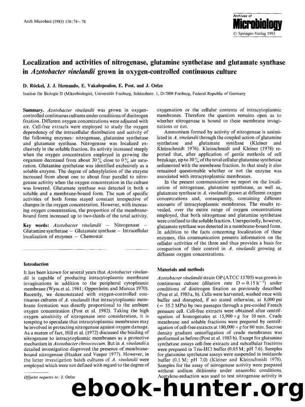 Localization and activities of nitrogenase, glutamine synthetase and glutamate synthase in <Emphasis Type="Italic">Azotobacter vinelandii<Emphasis> grown in oxygen-controlled continuous culture by Unknown
