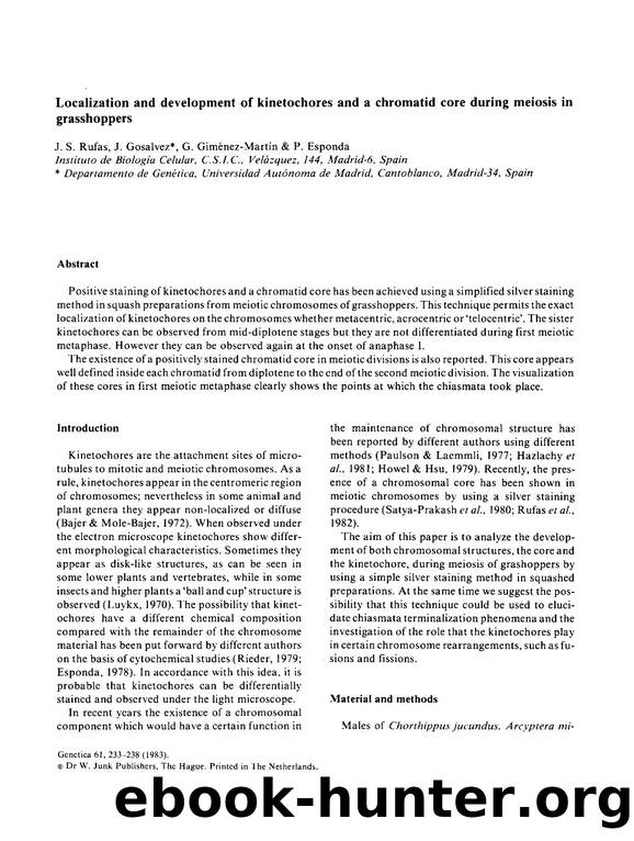 Localization and development of kinetochores and a chromatid core during meiosis in grasshoppers by Unknown