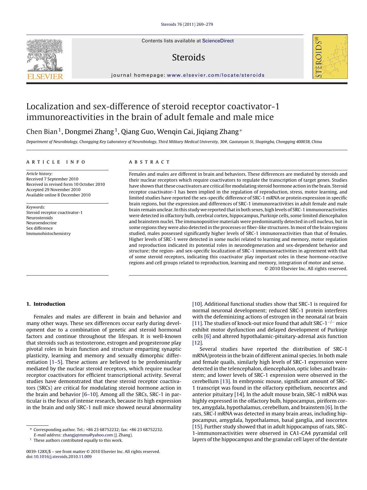 Localization and sex-difference of steroid receptor coactivator-1 immunoreactivities in the brain of adult female and male mice by Chen Bian