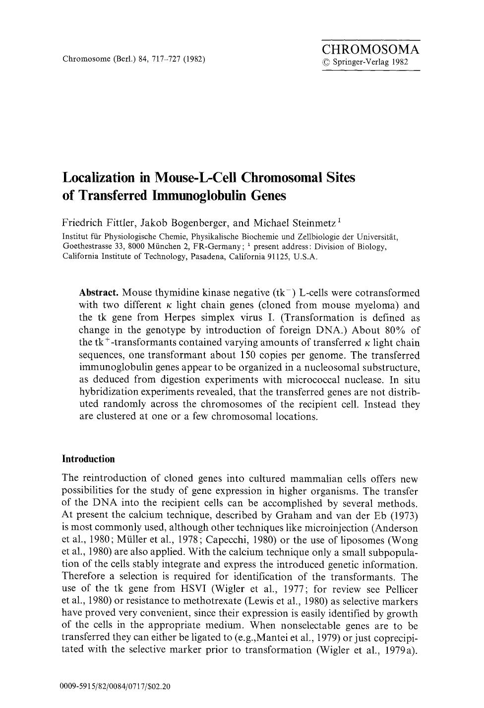 Localization in mouse-L-cell chromosomal sites of transferred immunoglobulin genes by Unknown