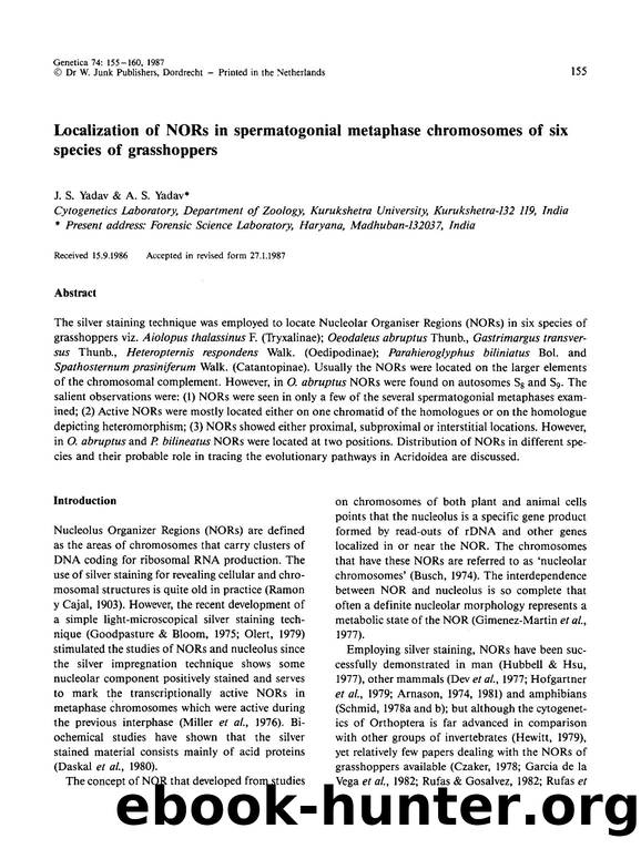 Localization of NORs in spermatogonial metaphase chromosomes of six species of grasshoppers by Unknown