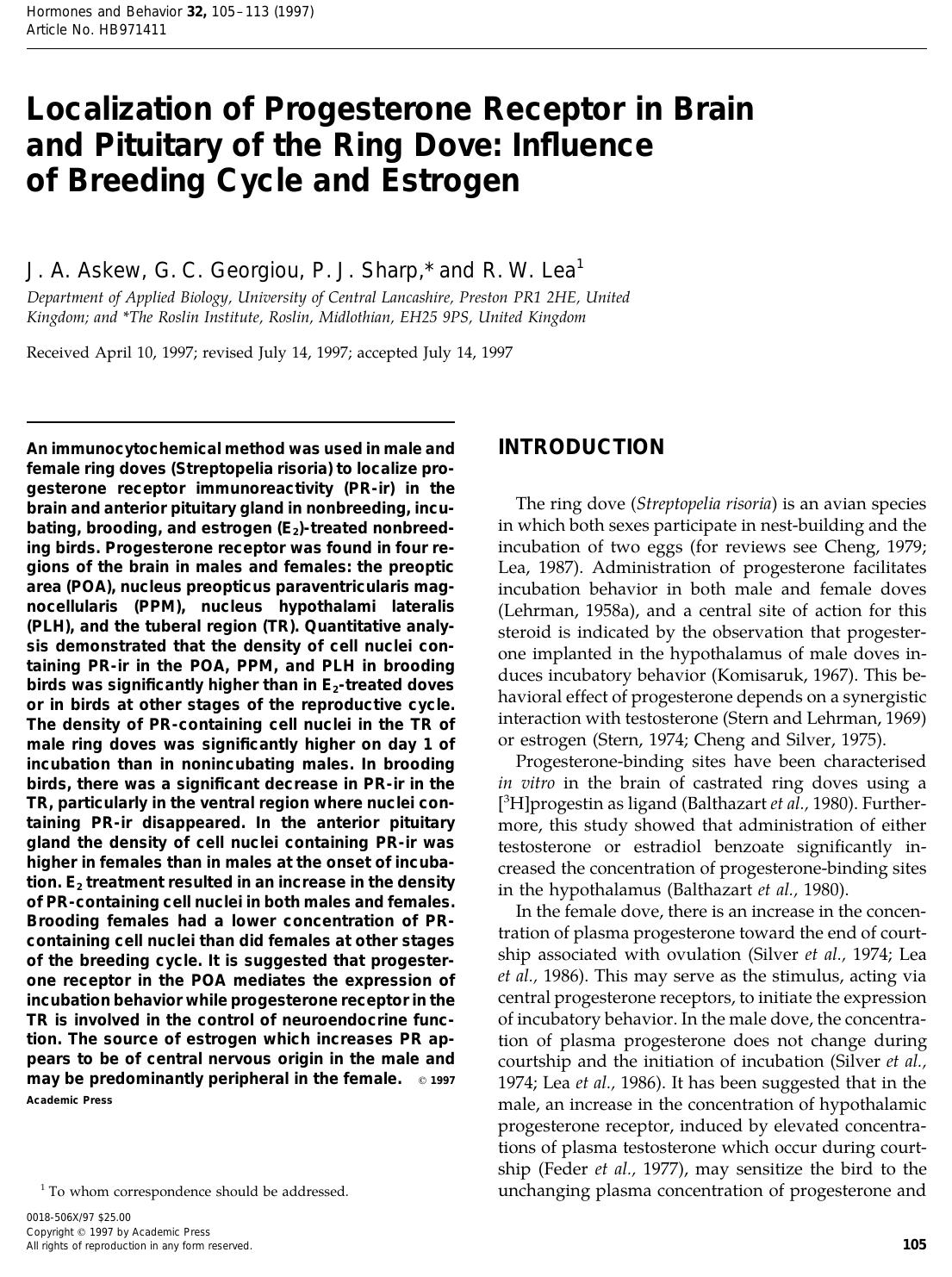 Localization of Progesterone Receptor in Brain and Pituitary of the Ring Dove: Influence of Breeding Cycle and Estrogen by Askew J. A. et al