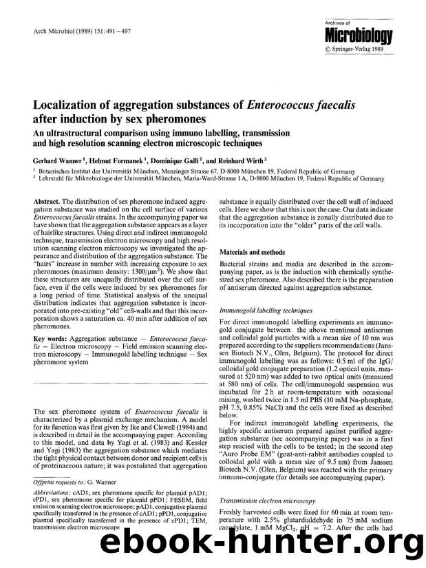 Localization of aggregation substances of <Emphasis Type="Italic">Enterococcus faecalis<Emphasis> after induction by sex pheromones by Unknown