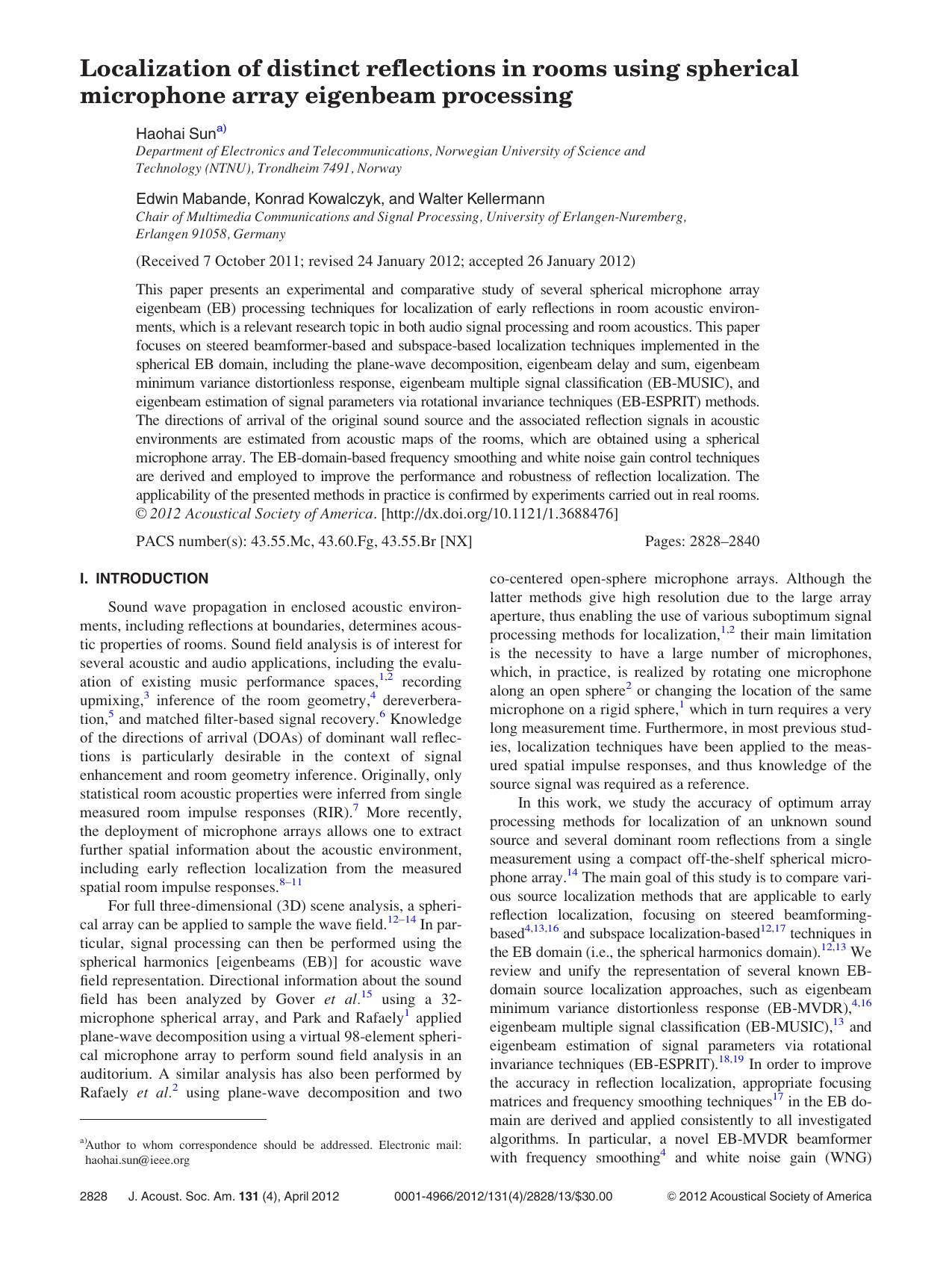 Localization of distinct reflections in rooms using spherical microphone array eigenbeam processing by Haohai Sun Edwin Mabande Konrad Kowalczyk and Walter Kellermann
