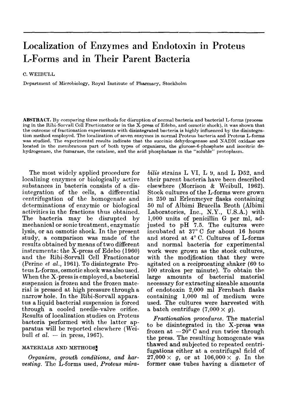 Localization of enzymes and endotoxin in proteus L-forms and in their parent bacteria by Unknown