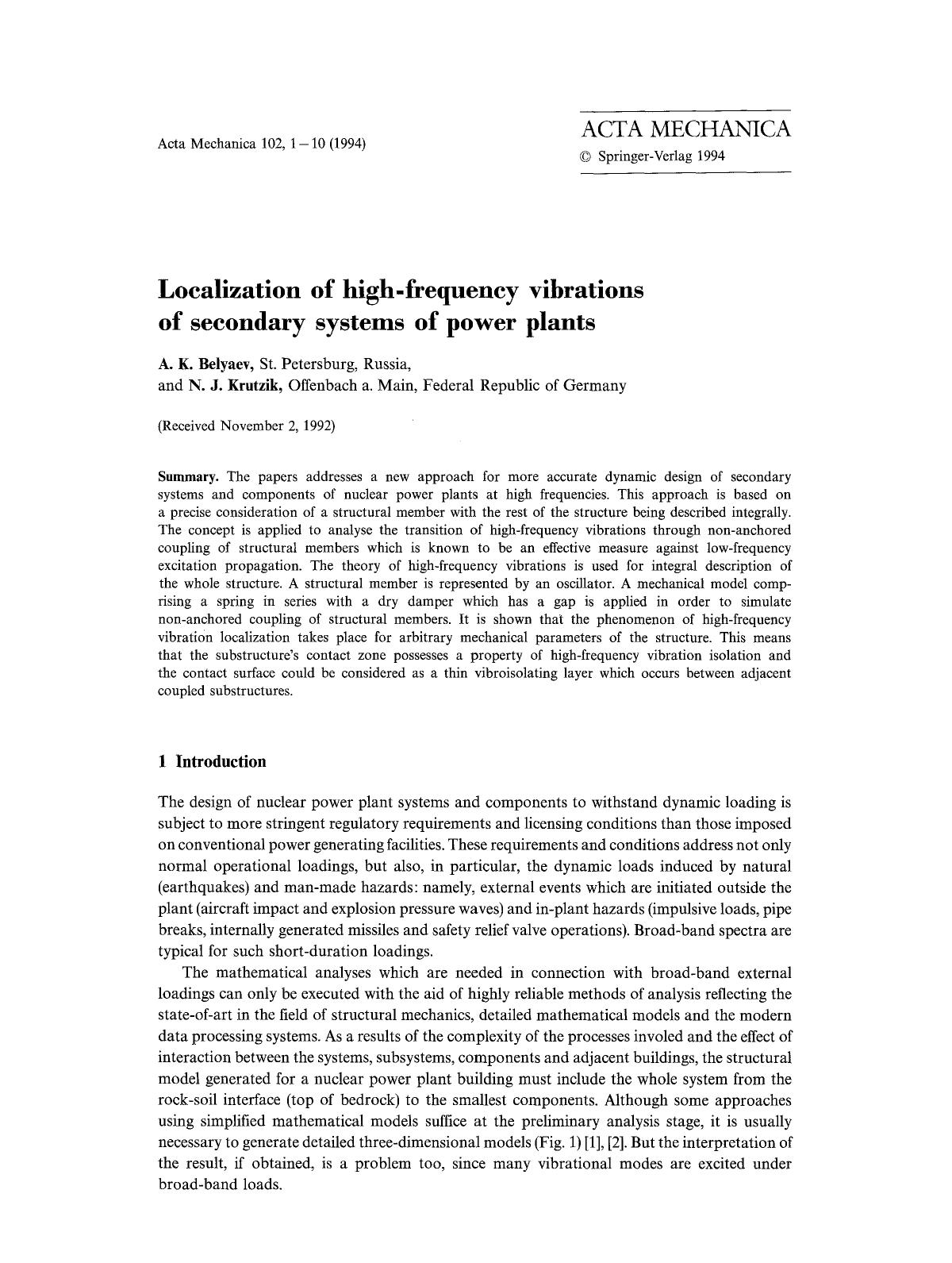 Localization of high-frequency vibrations of secondary systems of power plants by Unknown