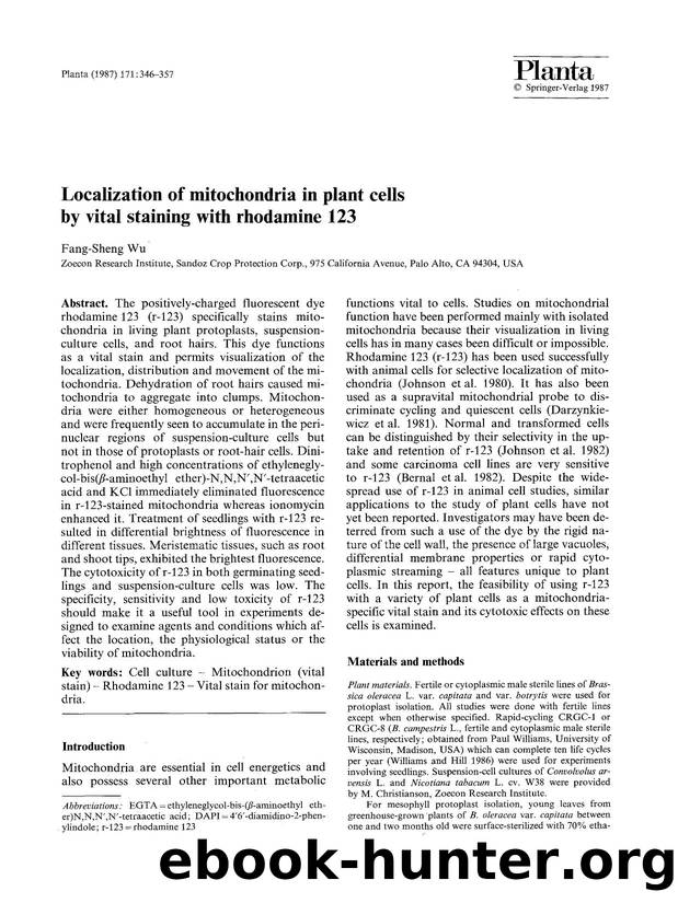 Localization of mitochondria in plant cells by vital staining with rhodamine 123 by Unknown