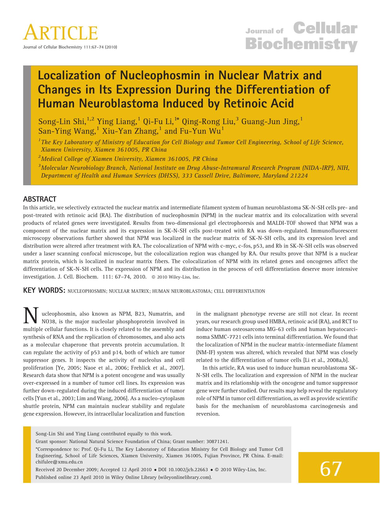 Localization of nucleophosmin in nuclear matrix and changes in its expression during the differentiation of human neuroblastoma induced by retinoic acid by Unknown