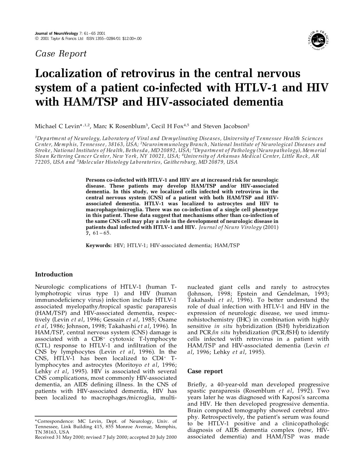 Localization of retrovirus in the central nervous system of a patient co-infected with HTLV-1 and HIV with HAMTSP and HIV-associated dementia by Unknown