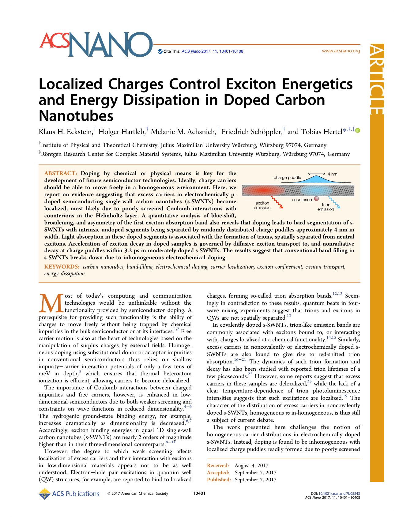 Localized Charges Control Exciton Energetics and Energy Dissipation in Doped Carbon Nanotubes by Klaus H. Eckstein Holger Hartleb Melanie M. Achsnich Friedrich Schöppler and Tobias Hertel