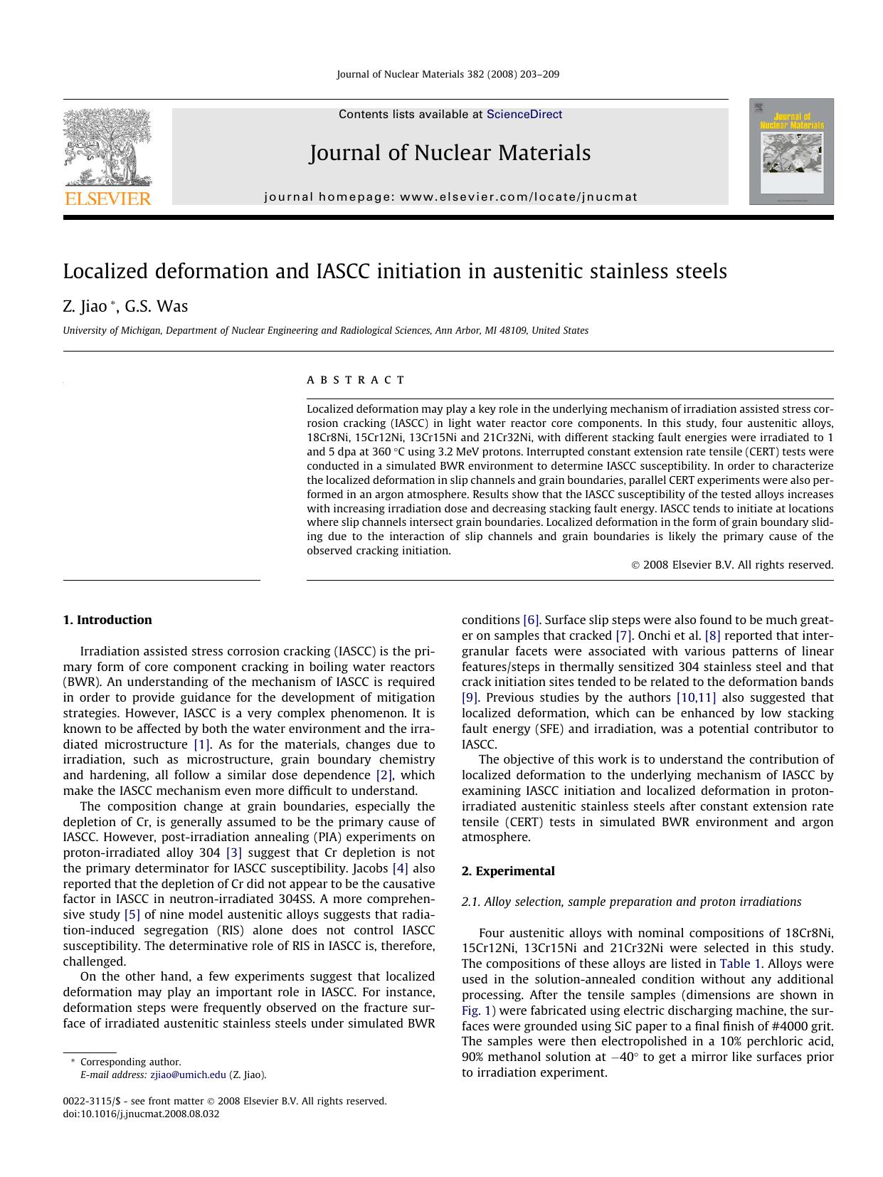 Localized deformation and IASCC initiation in austenitic stainless steels by Z. Jiao; G.S. Was