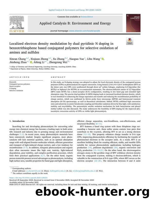 Localized electron density modulation by dual pyridinic N doping in benzotrithiophene based conjugated polymers for selective oxidation of amines and sulfides by unknow