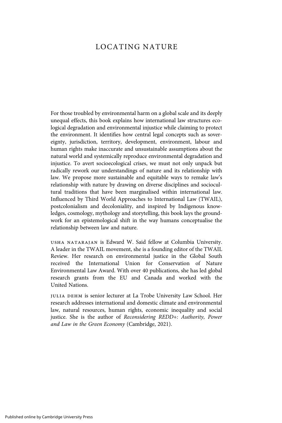 Locating Nature. Making and Unmaking International Law by USHA NATARAJAN JULIA DEHM