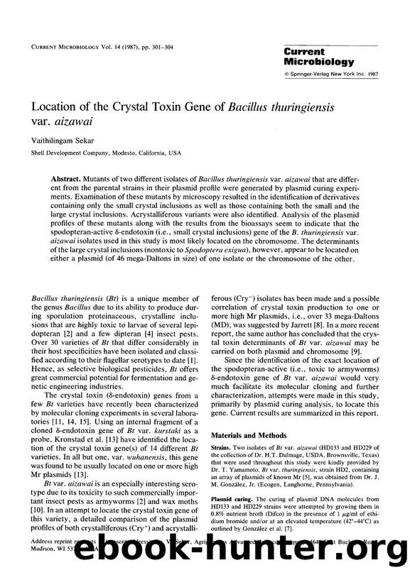 Location of the crystal toxin gene of <Emphasis Type="Italic">Bacillus thuringiensis <Emphasis> var. <Emphasis Type="Italic">aizawai <Emphasis> by Unknown