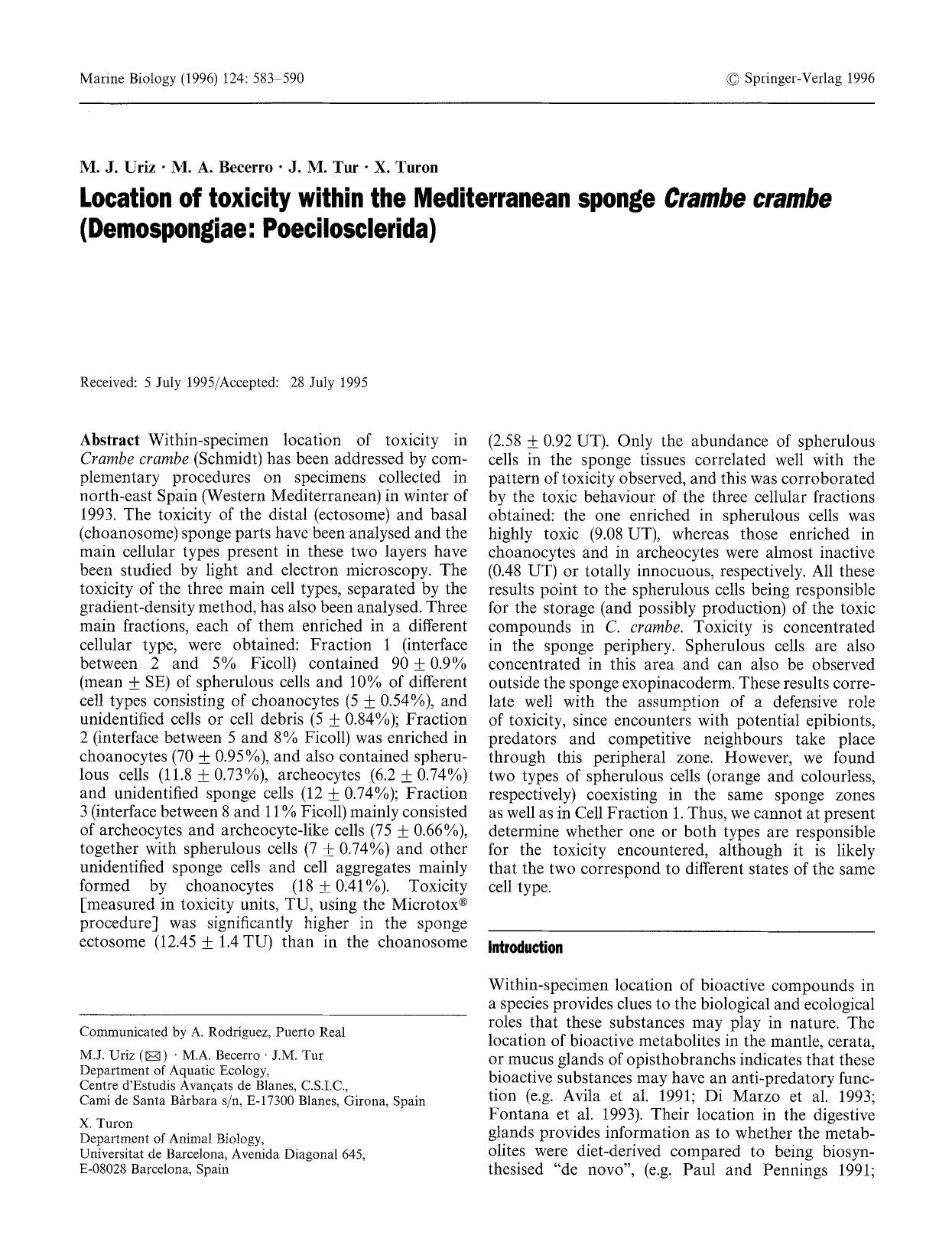 Location of toxicity within the Mediterranean sponge <Emphasis Type="Italic">Crambe crambe<Emphasis> (Demospongiae: Poecilosclerida) by Unknown