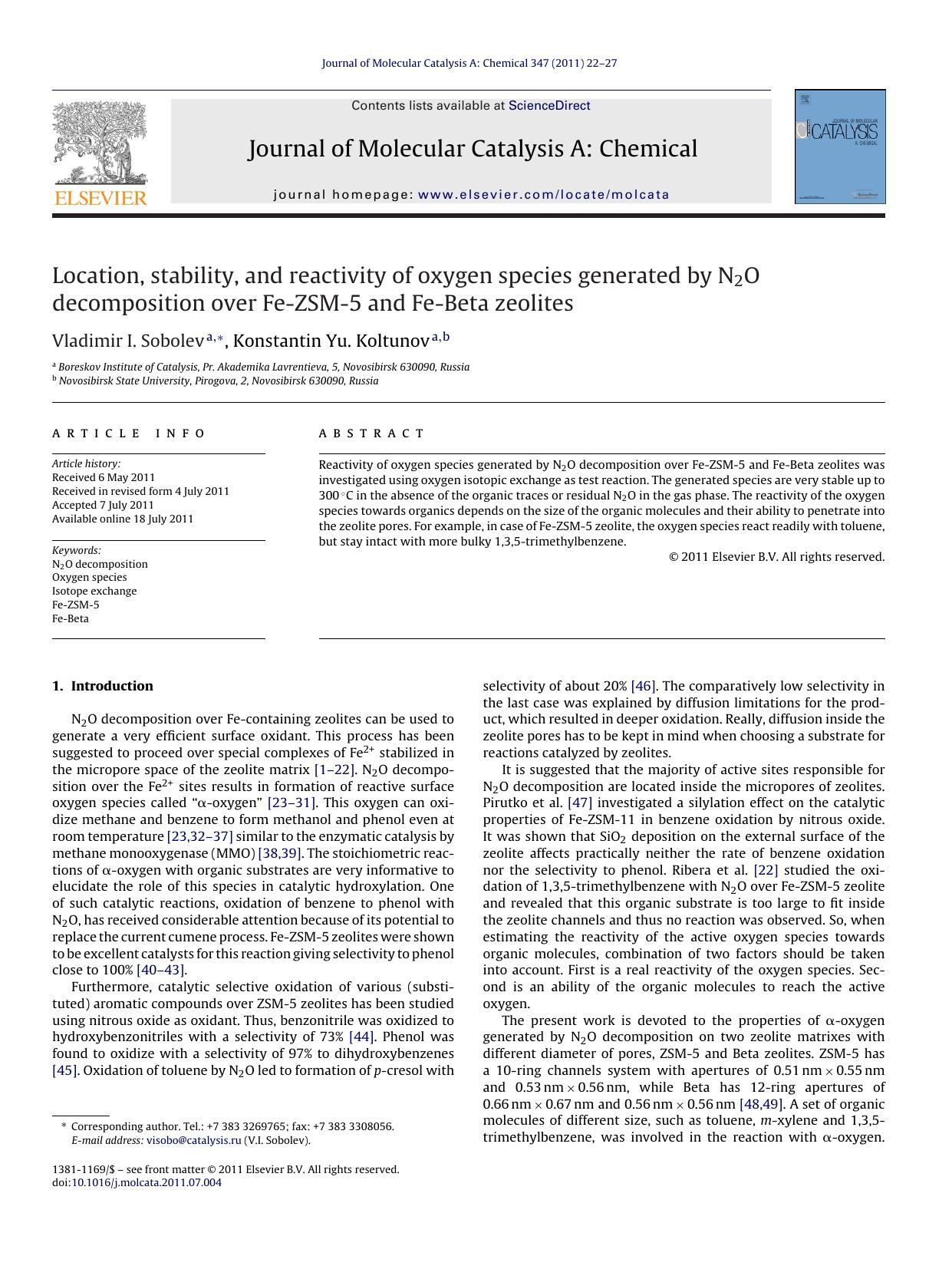 Location, stability, and reactivity of oxygen species generated by N2O decomposition over Fe-ZSM-5 and Fe-Beta zeolites by Vladimir I. Sobolev