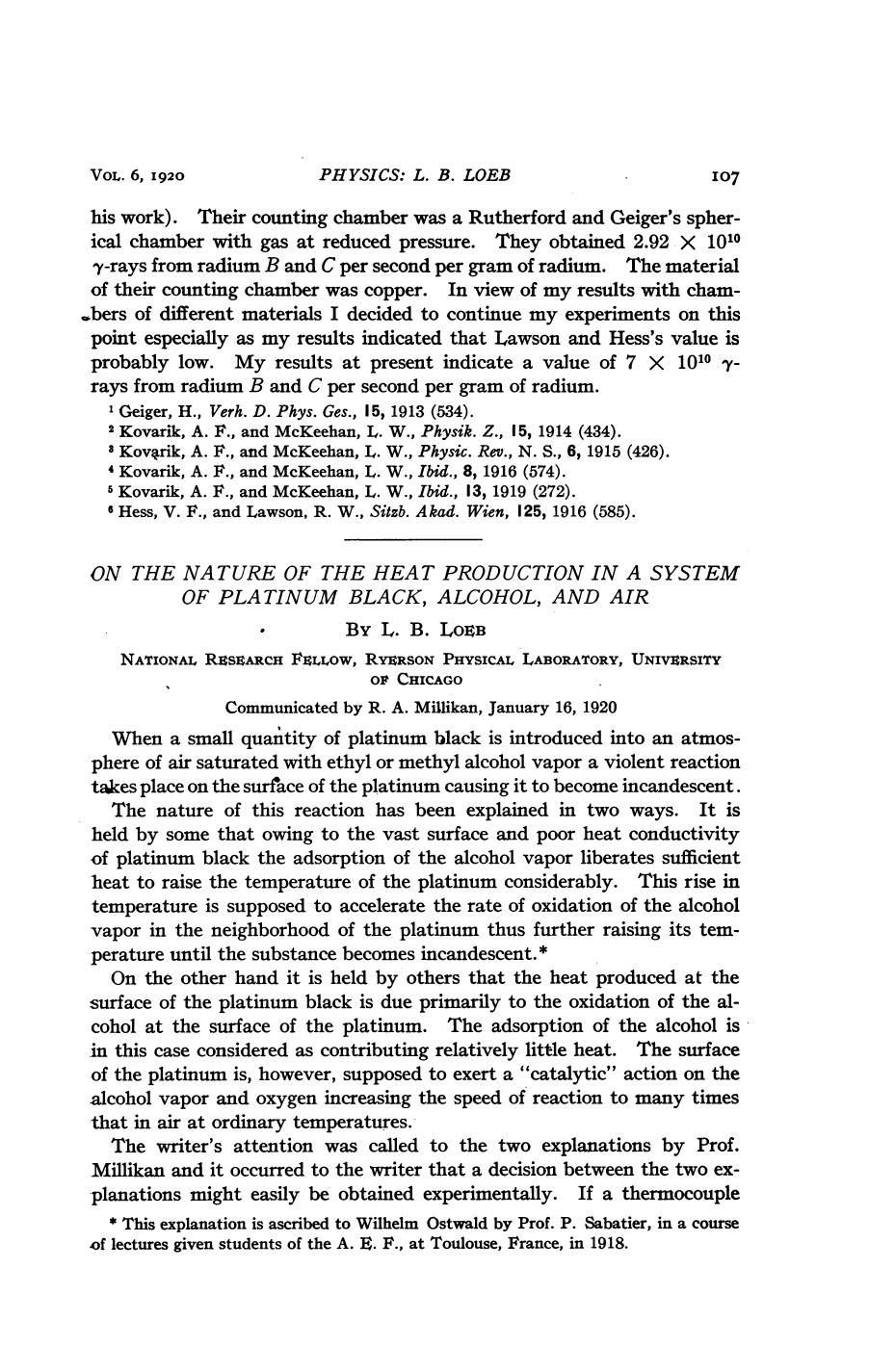 Loeb L. B. On the Nature of the Heat Production in a System of Platinum Black, Alcohol and Air (1920)(en)(4s) by Unknown