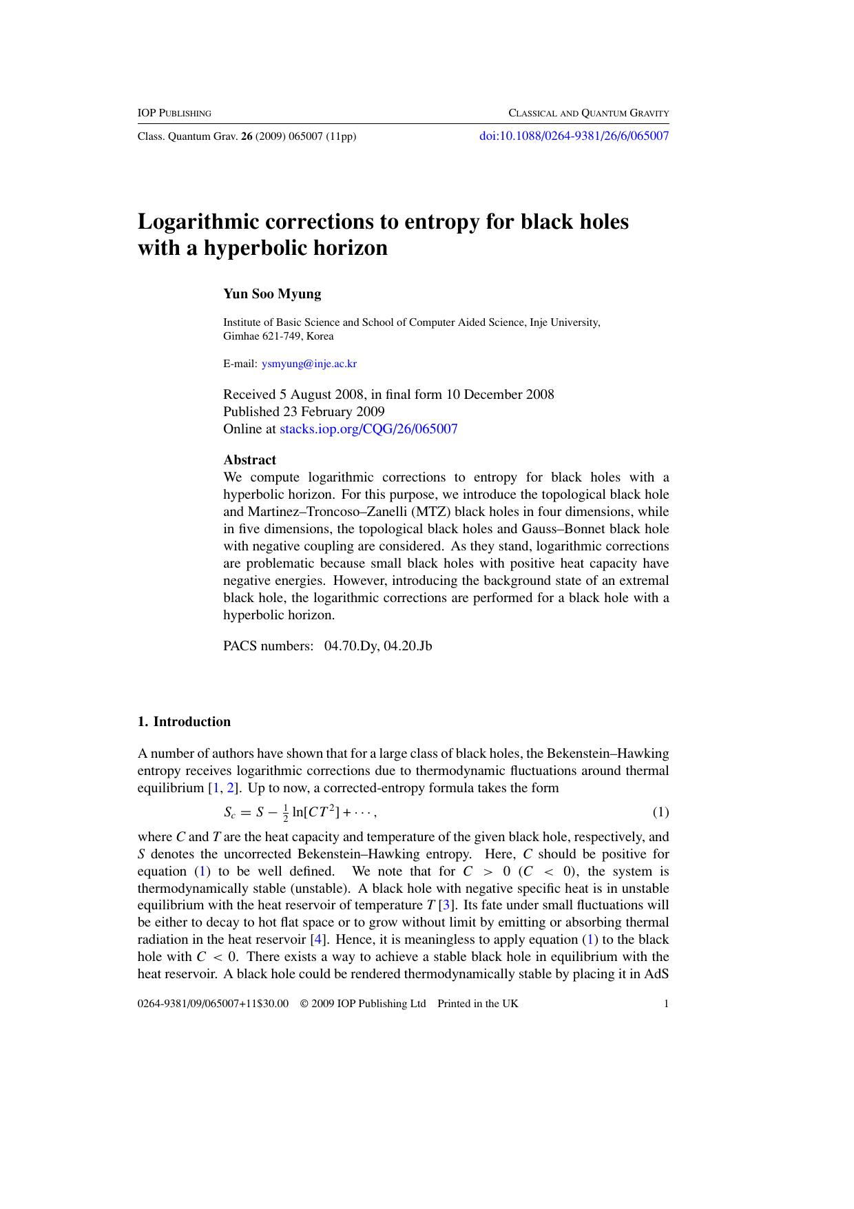 Logarithmic corrections to entropy for black holes with a hyperbolic horizon by Y S Myung
