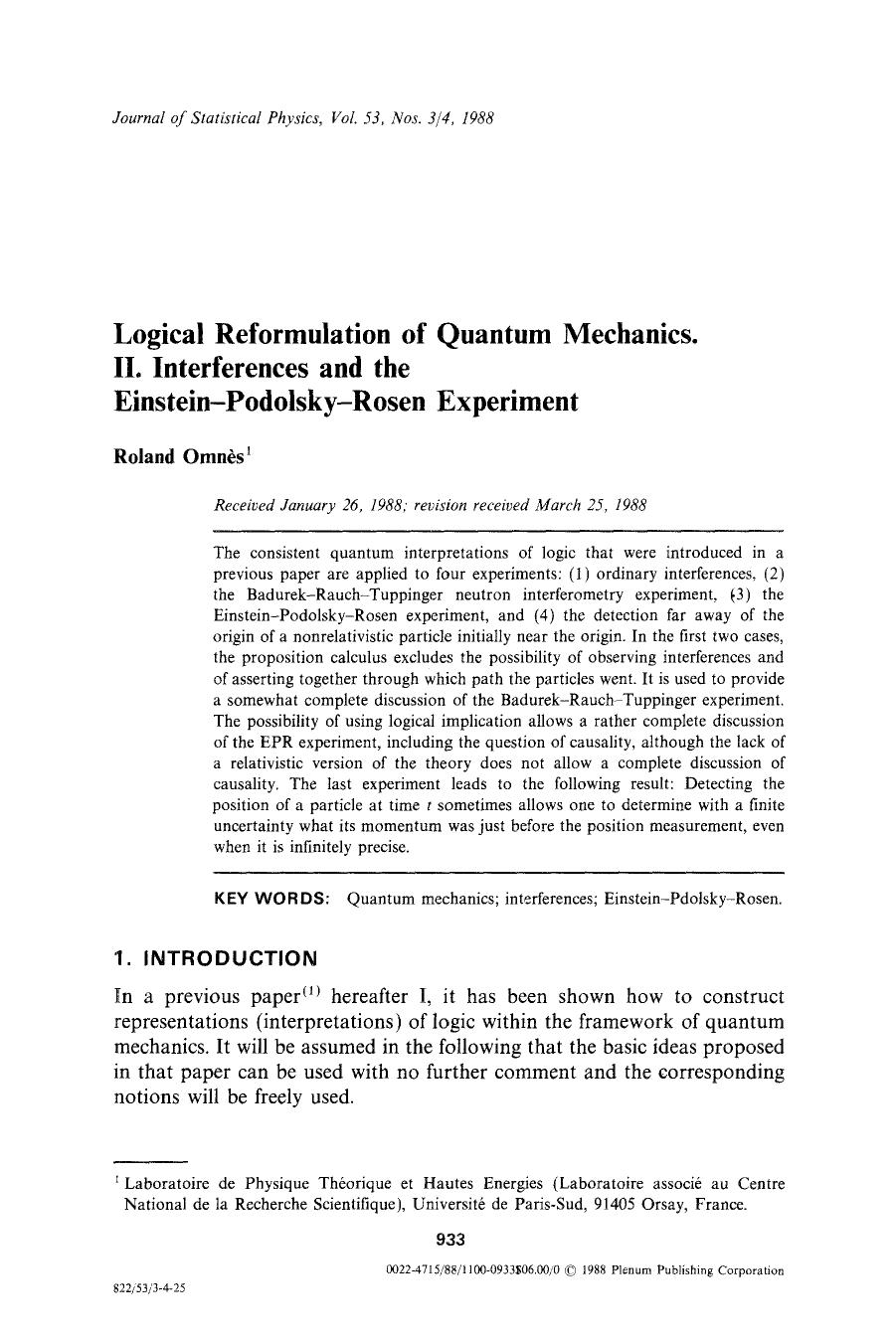 Logical reformulation of quantum mechanics. II. Interferences and the Einstein-Podolsky-Rosen experiment by Unknown