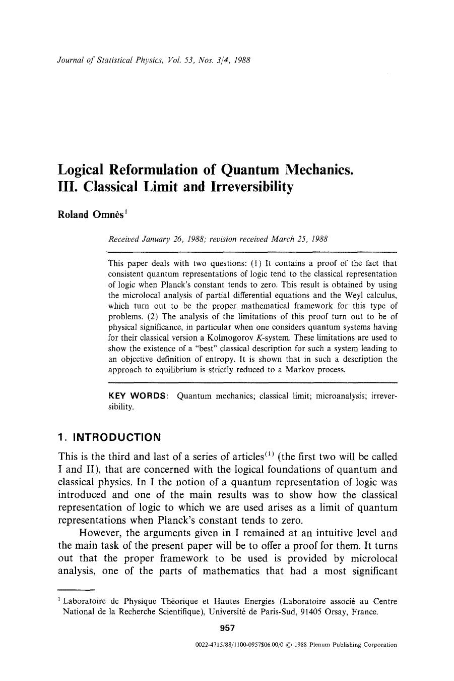 Logical reformulation of quantum mechanics. III. Classical limit and irreversibility by Unknown