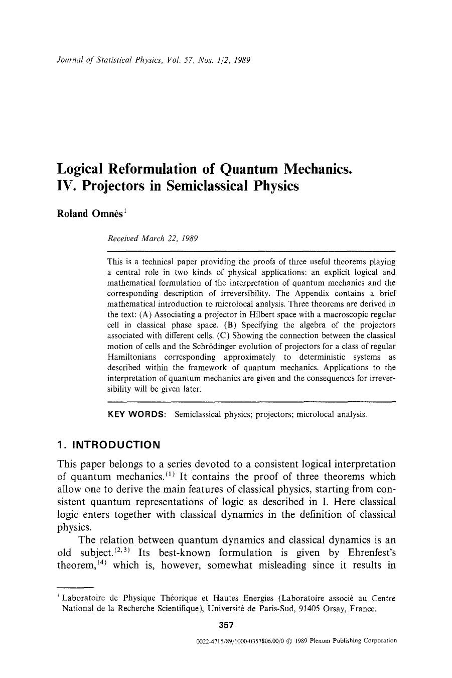 Logical reformulation of quantum mechanics. IV. Projectors in semiclassical physics by Unknown
