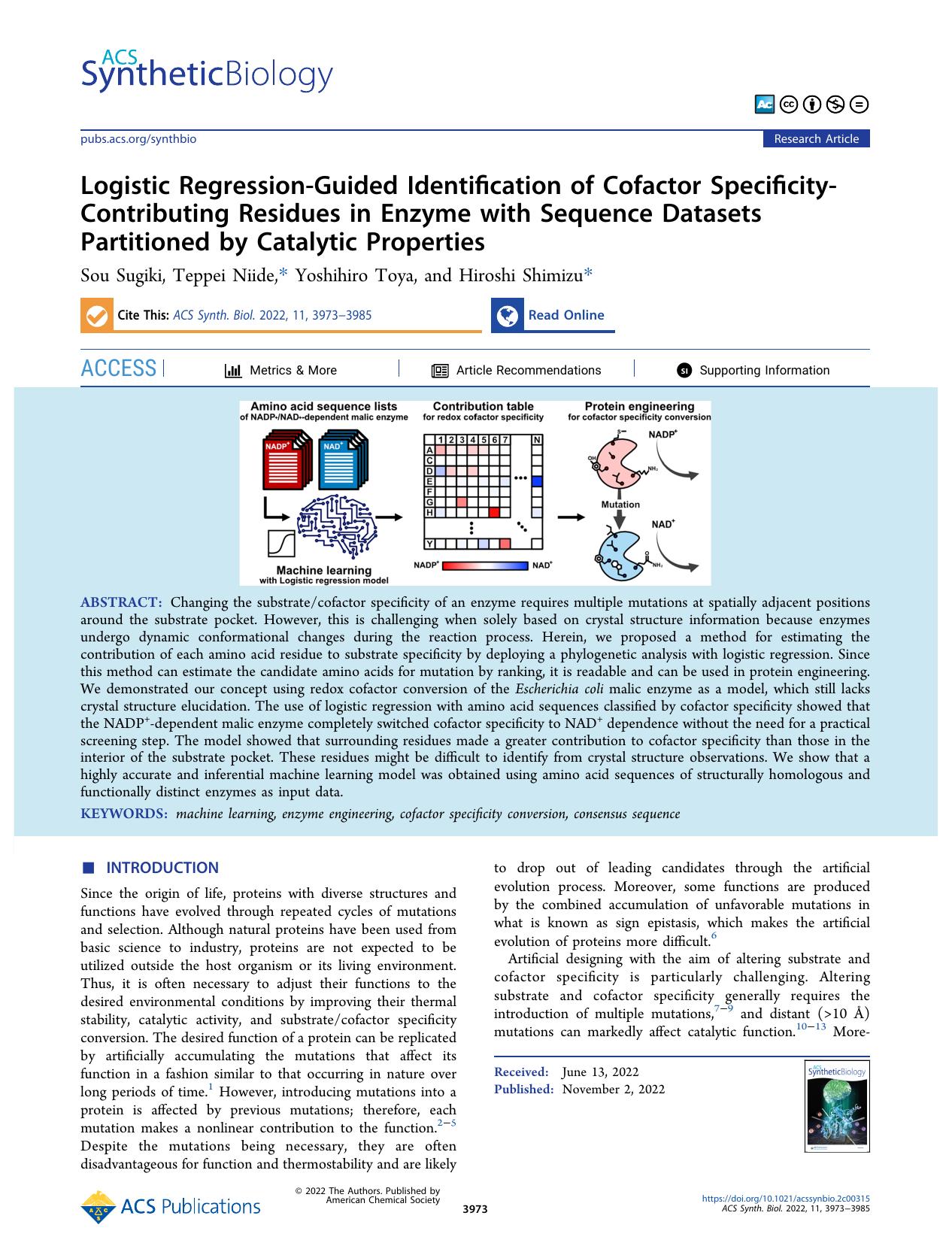 Logistic Regression-Guided Identification of Cofactor Specificity-Contributing Residues in Enzyme with Sequence Datasets Partitioned by Catalytic Properties by Sou Sugiki Teppei Niide Yoshihiro Toya and Hiroshi Shimizu