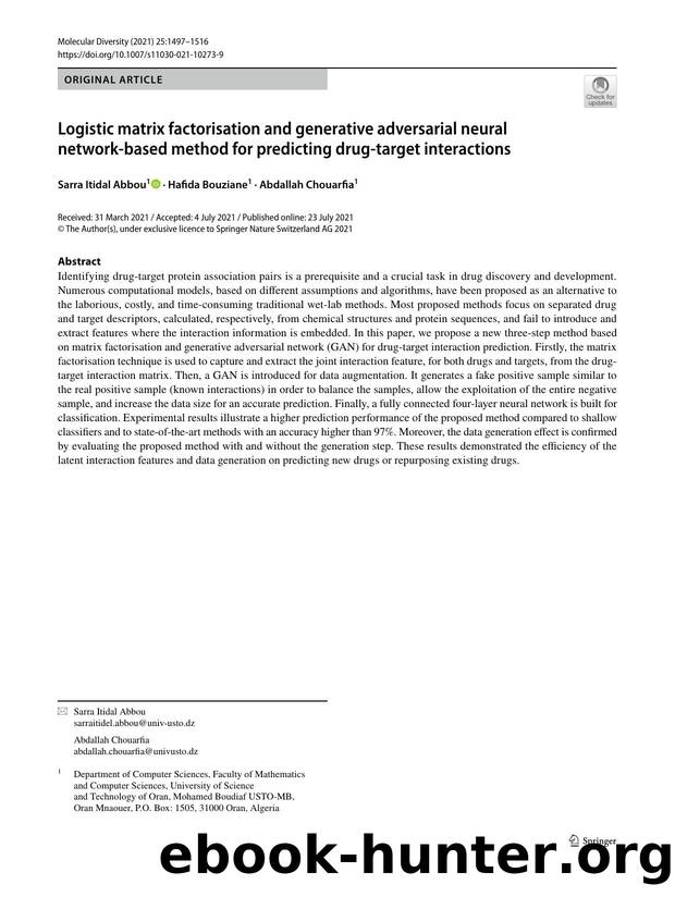 Logistic matrix factorisation and generative adversarial neural network-based method for predicting drug-target interactions by Sarra Itidal Abbou & Hafida Bouziane & Abdallah Chouarfia