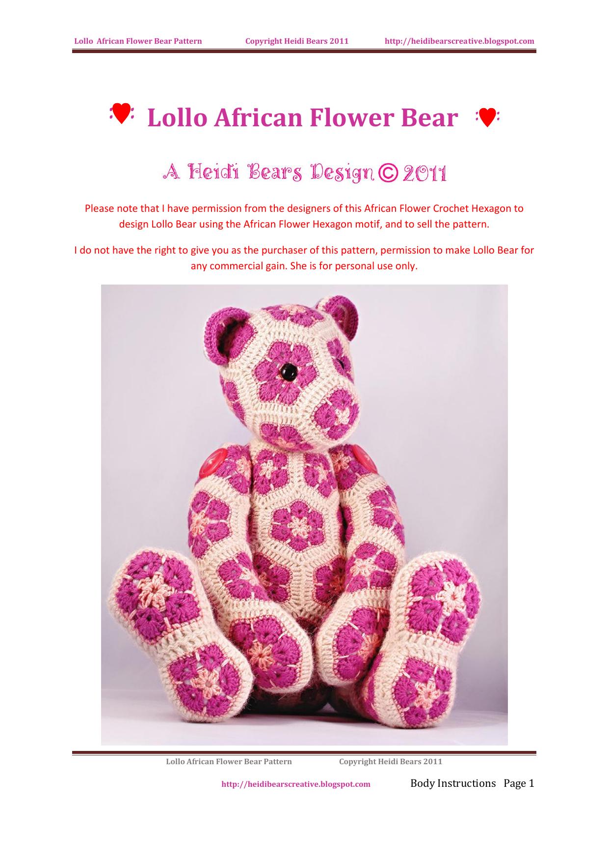 Lollo African Flower Bear Pattern General and Body Instructions by Heidi;HeidBears