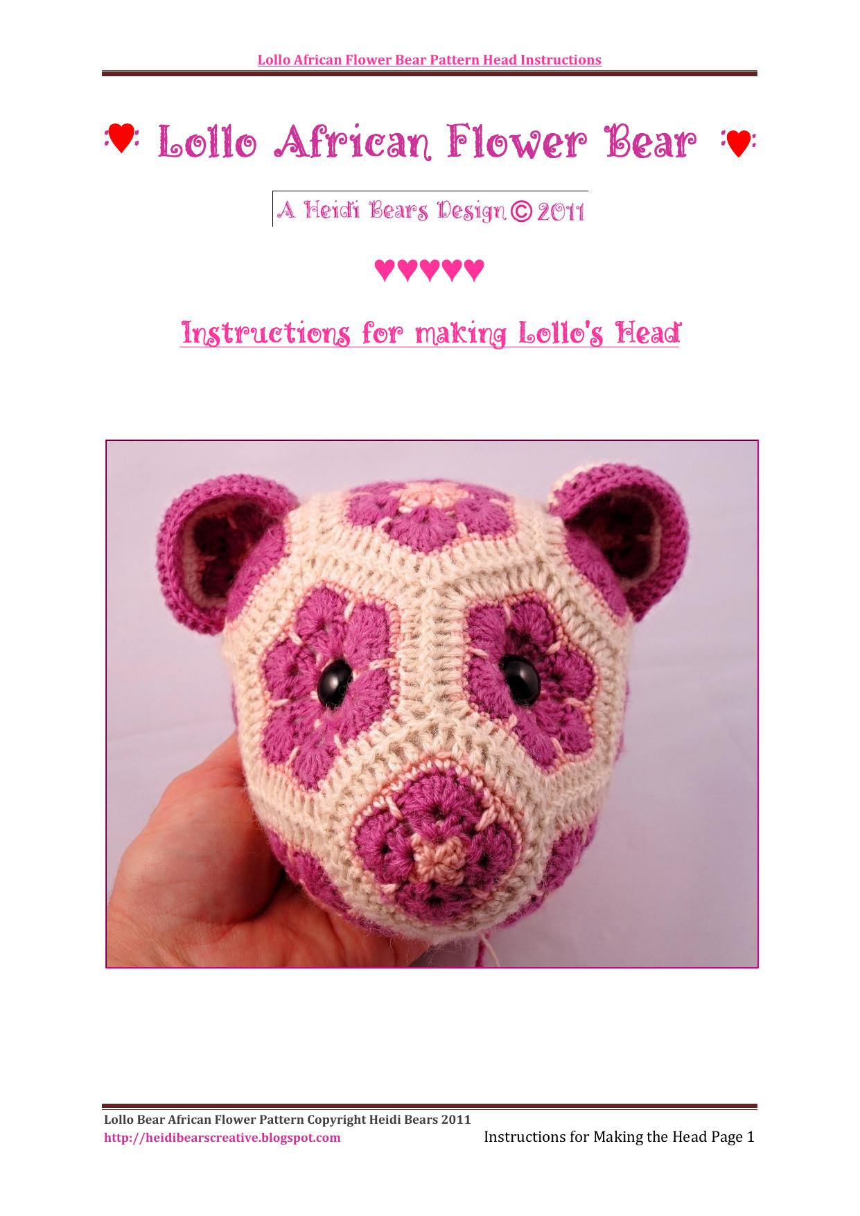 Lollo African Flower Bear Pattern Head Instructions by Heidi;HeidBears