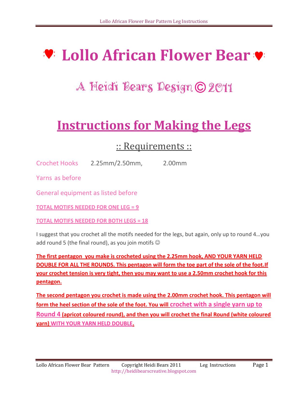 Lollo African Flower Bear Pattern Leg Instructions by Heidi;HeidiBears