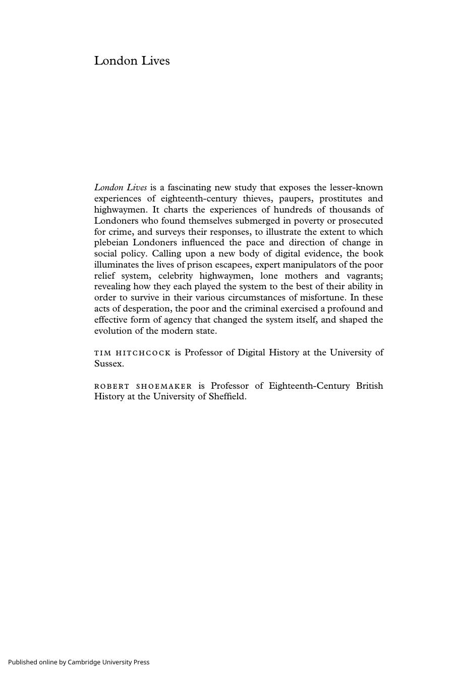 London Lives: Poverty, Crime and the Making of a Modern City, 1690â1800 by Tim Hitchcock Robert Shoemaker