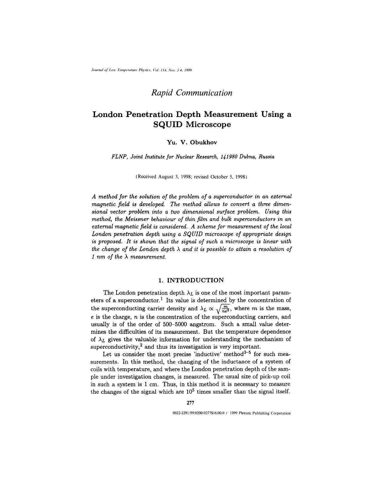 London Penetration Depth Measurement Using a SQUID Microscope by Unknown