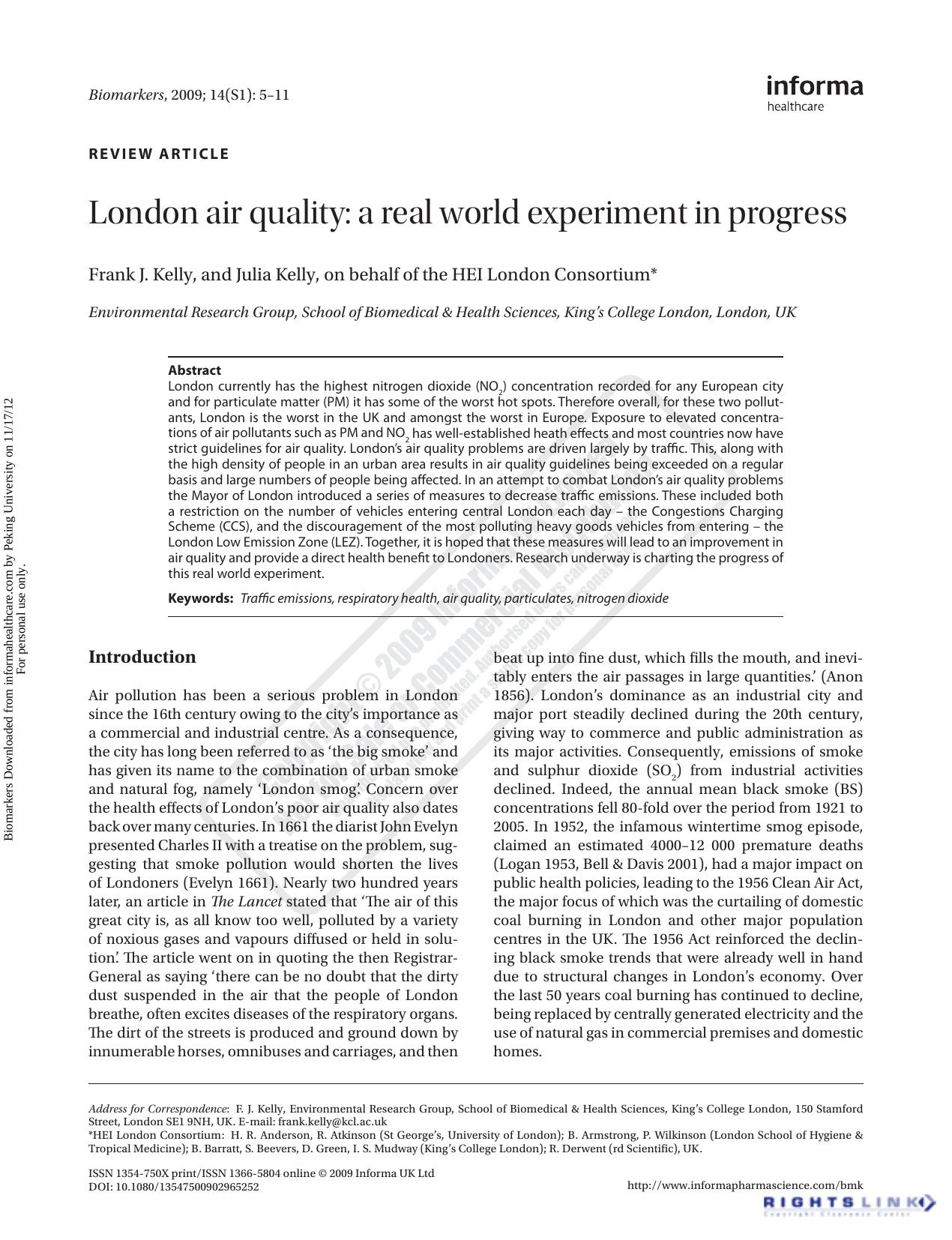 London air quality: a real world experiment in progress by Frank J. Kelly & Julia Kelly