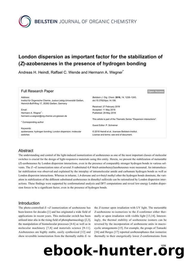 London dispersion as important factor for the stabilization of (Z)-azobenzenes in the presence of hydrogen bonding by Andreas H. Heindl Raffael C. Wende Hermann A. Wegner