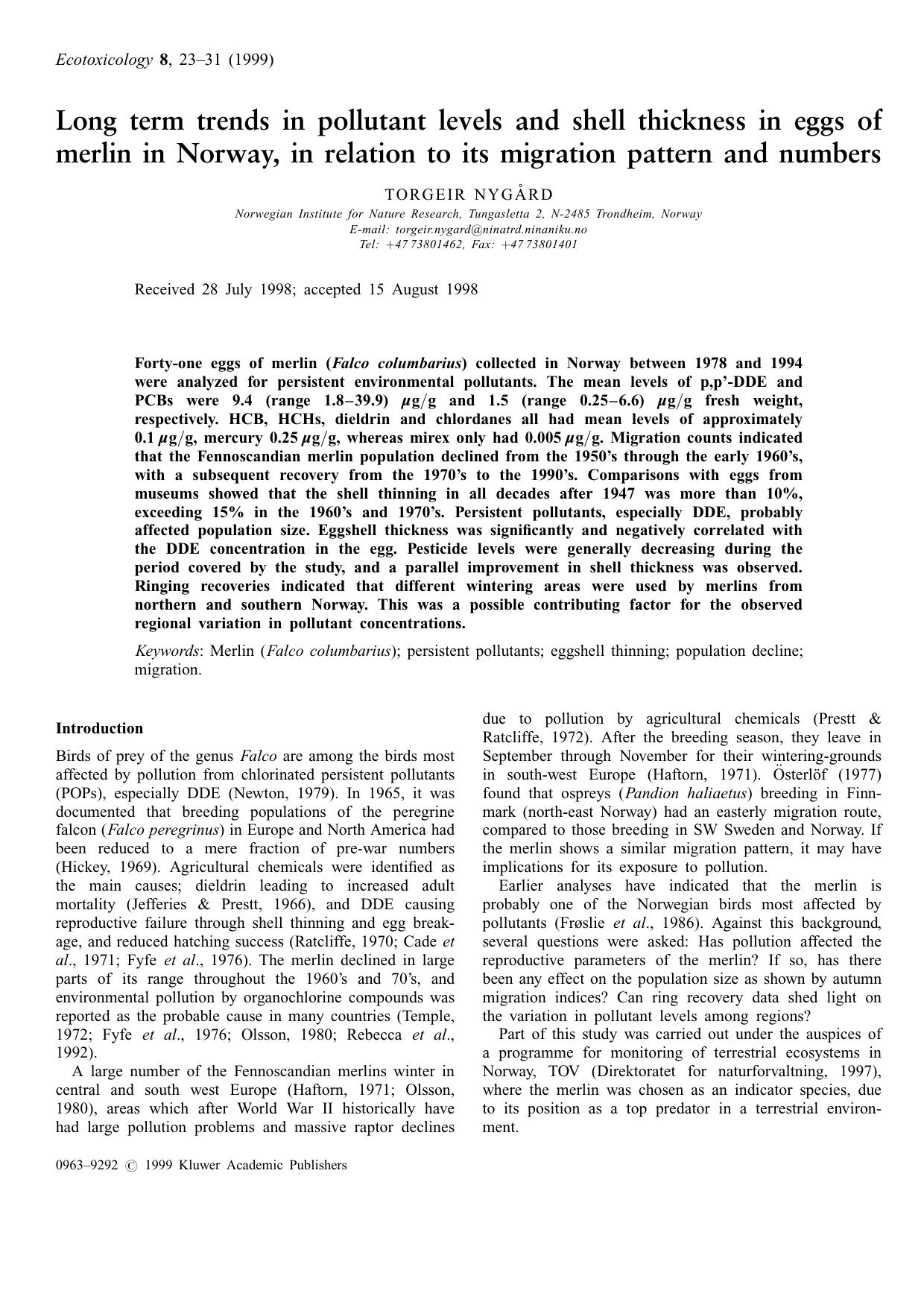 Long Term Trends in Pollutant Levels and Shell Thickness in Eggs of Merlin in Norway, in Relation to its Migration Pattern and Numbers by Unknown