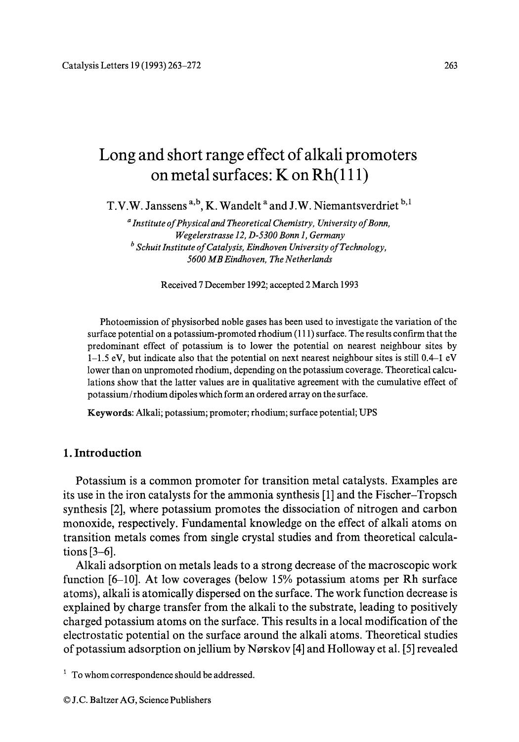 Long and short range effect of alkali promoters on metal surfaces: K on Rh(111) by Unknown