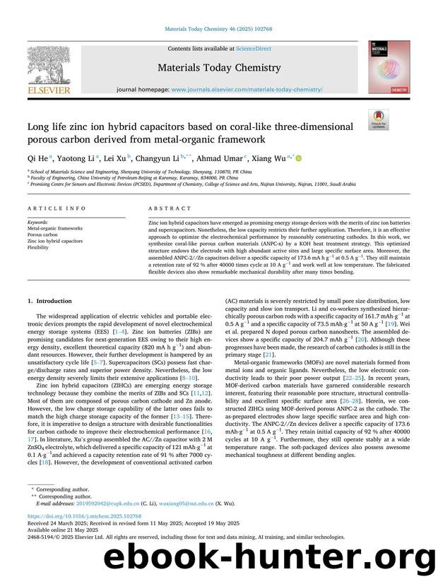 Long life zinc ion hybrid capacitors based on coral-like three-dimensional porous carbon derived from metal-organic framework by Qi He & Yaotong Li & Lei Xu & Changyun Li & Ahmad Umar & Xiang Wu