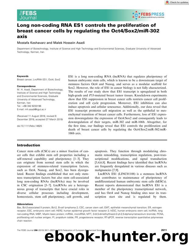 Long nonâcoding RNA ES1 controls the proliferation of breast cancer cells by regulating the Oct4Sox2miRâ302 axis by Unknown
