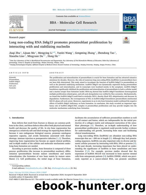 Long non-coding RNA Snhg15 promotes preosteoblast proliferation by interacting with and stabilizing nucleolin by unknow