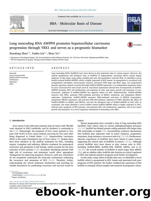 Long noncoding RNA AWPPH promotes hepatocellular carcinoma progression through YBX1 and serves as a prognostic biomarker by Xiaodong Zhao & Yanbo Liu & Shuo Yu